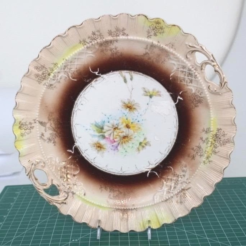 Vintage Hand Painted Floral Porcelain Cake Plate Scalloped‎ Gold Trim 11.25 Inch
